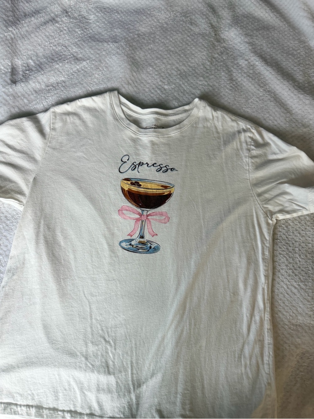 State of Mind White Tee with Espresso Cocktail Graphic and Pink Bow